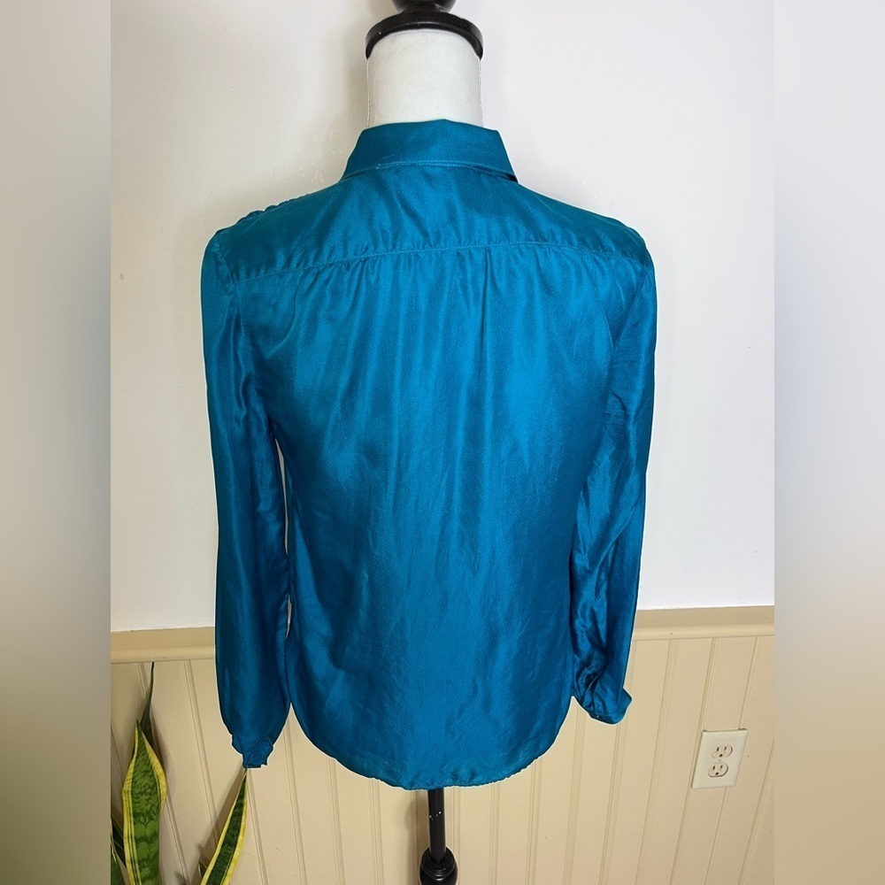 Vintage SSSSS 100% Silk Button-Up Blouse Emerald Teal VTG Womens Sz 8 Modern S - Picture 3 of 6